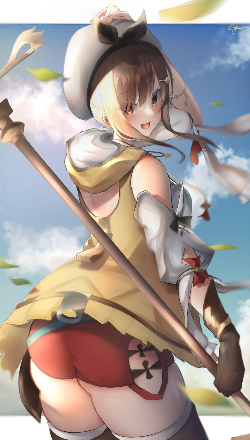 1girl absurdres ass atelier_(series) atelier_ryza back_cutout bare_shoulders belt blowing_leaves blue_belt blush breasts brown_eyes brown_gloves brown_hair detached_sleeves gloves hair_ornament hairclip hat highres holding holding_clothes holding_hat holding_staff jacket jewelry kyoro_ina looking_at_viewer looking_back necklace open_mouth red_shorts reisalin_stout short_hair short_shorts shorts side_slit side_slit_shorts signature skindentation sleeveless sleeveless_jacket smile solo staff star_(symbol) star_necklace thighhighs thighs white_headwear yellow_jacket