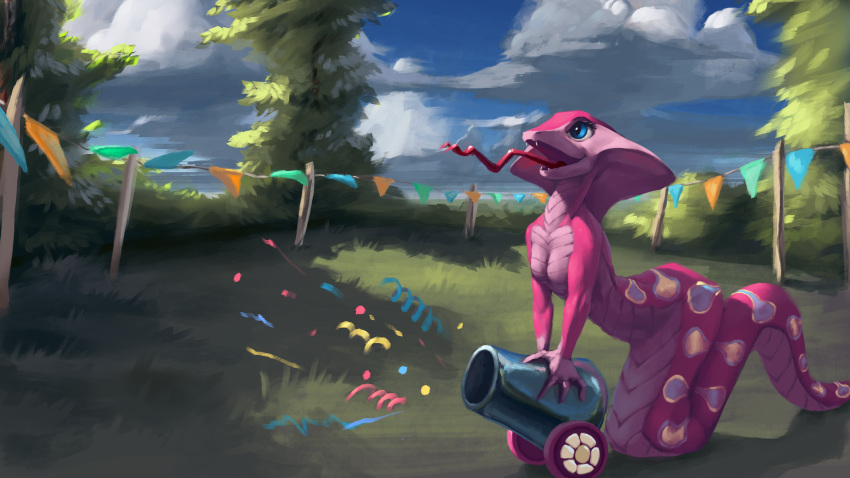 16:9 4k absurd_res anthro apode draconcopode eqlipse_(artist) female friendship_is_magic hasbro hi_res my_little_pony naga nude party_cannon pinkie pinkie_pie_(mlp) reptile scalie serpentine snake widescreen