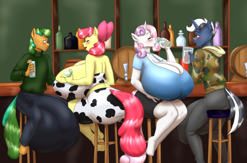 anthro apple_bloom_(mlp) balls bar big_balls big_breasts blues64 blush breasts bulge cleavage clothed clothing drinking equid equine female friendship_is_magic genital_outline genitals hasbro hi_res horn huge_balls huge_breasts hyper hyper_balls hyper_breasts hyper_genitalia male mammal marauder6272 my_little_pony penis_outline sitting sweetie_belle_(mlp) unicorn