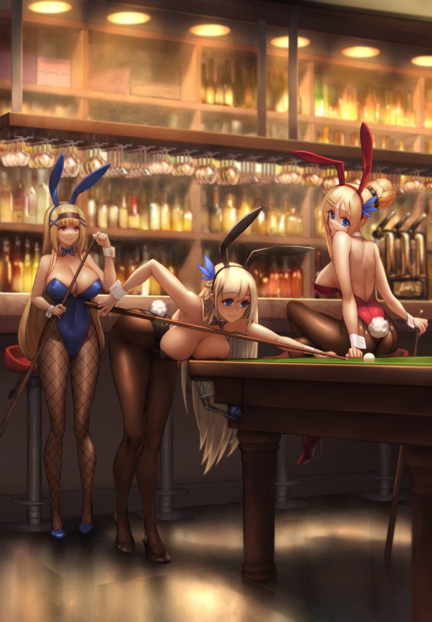 3girls alternate_costume alternate_hairstyle animal_ears ass billiards black_footwear black_hairband black_legwear black_leotard blonde_hair blue_eyes blue_footwear blue_hairband blue_leotard bow bowtie braid breasts bunny_ears bunny_girl bunny_tail bunnysuit constellation_(warship_girls_r) covered_navel cue_ball cue_stick detached_collar fake_animal_ears fake_tail feather_hair_ornament fishnet_legwear fishnets french_braid hair_bun hair_ornament hairband hairclip high_heels highleg highleg_leotard highres holding_cue_stick indoors large_breasts leotard lexington_(warship_girls_r) long_hair multiple_girls pantyhose platinum_blonde_hair pool_table qingmingtongzi red_eyes red_footwear red_hairband red_leotard saratoga_(warship_girls_r) sitting sitting_on_table standing strapless strapless_leotard tail warship_girls_r wrist_cuffs x_hair_ornament