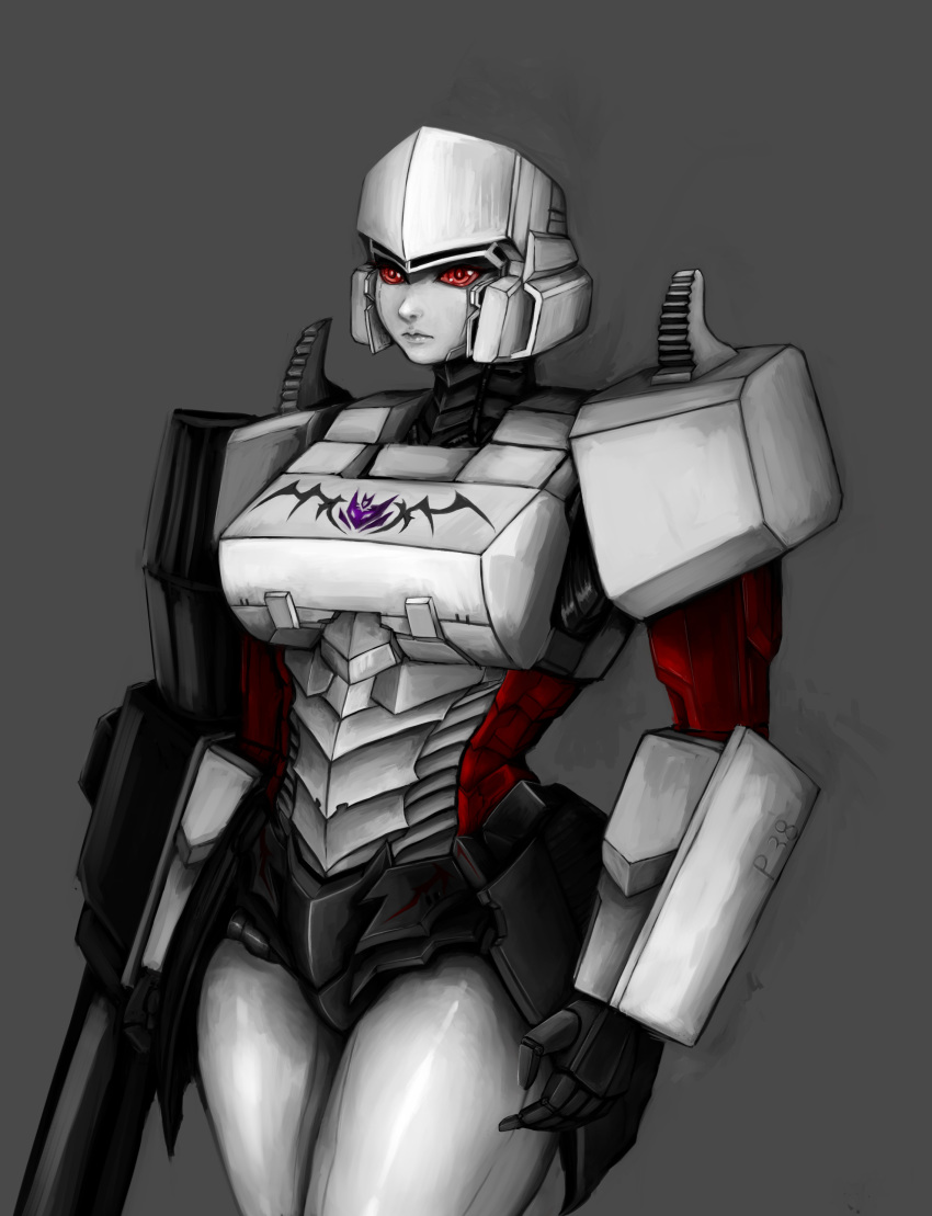 1girl absurdres arm_cannon crossed_legs decepticon english_commentary f15se_cathy genderswap genderswap_(mtf) grey_background highres looking_at_viewer megatron no_humans red_eyes solo transformers weapon