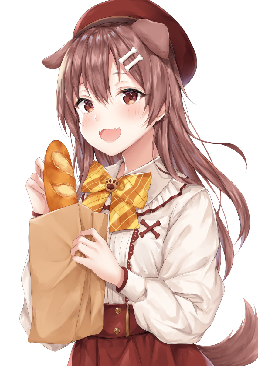 1girl :3 absurdres animal_ears bag baguette bangs blush bone_hair_ornament bow bowtie bread brown_eyes brown_hair cartoon_bone center_frills coffeedog collared_shirt dog_ears dog_girl dog_tail eyebrows fangs food frills hair_between_eyes hair_down hair_ornament hairclip high-waist_skirt highres holding holding_bag holding_food hololive inugami_korone long_hair long_sleeves looking_at_viewer official_alternate_costume open_mouth paper_bag plaid_neckwear red_skirt shirt simple_background skirt smile solo tail upper_body virtual_youtuber white_background white_shirt yellow_neckwear
