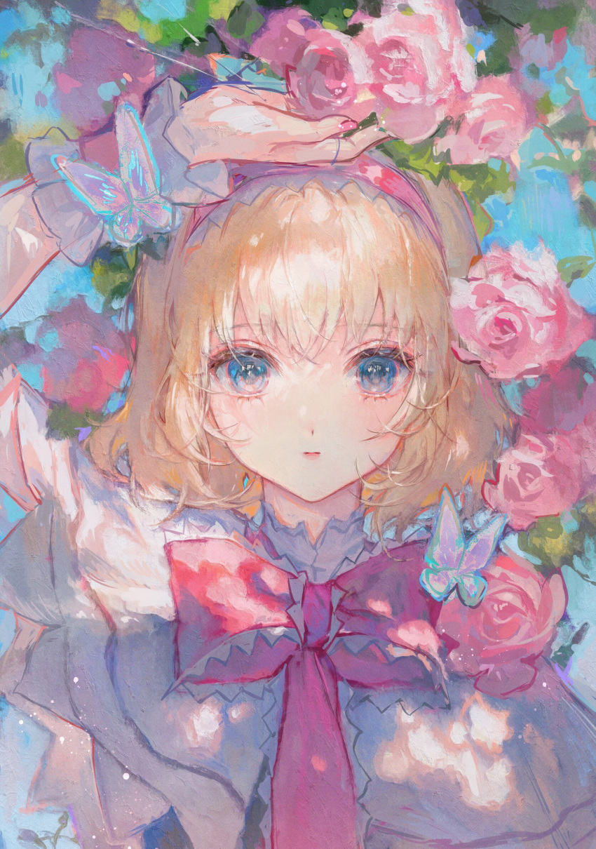 alice_margatroid bangs blonde_hair blue_eyes bug butterfly capelet flower frills hairband highres insect lolita_hairband looking_at_viewer maccha_(mochancc) nail_polish pink_flower pink_hairband pink_nails pink_rose rose short_hair short_sleeves touhou