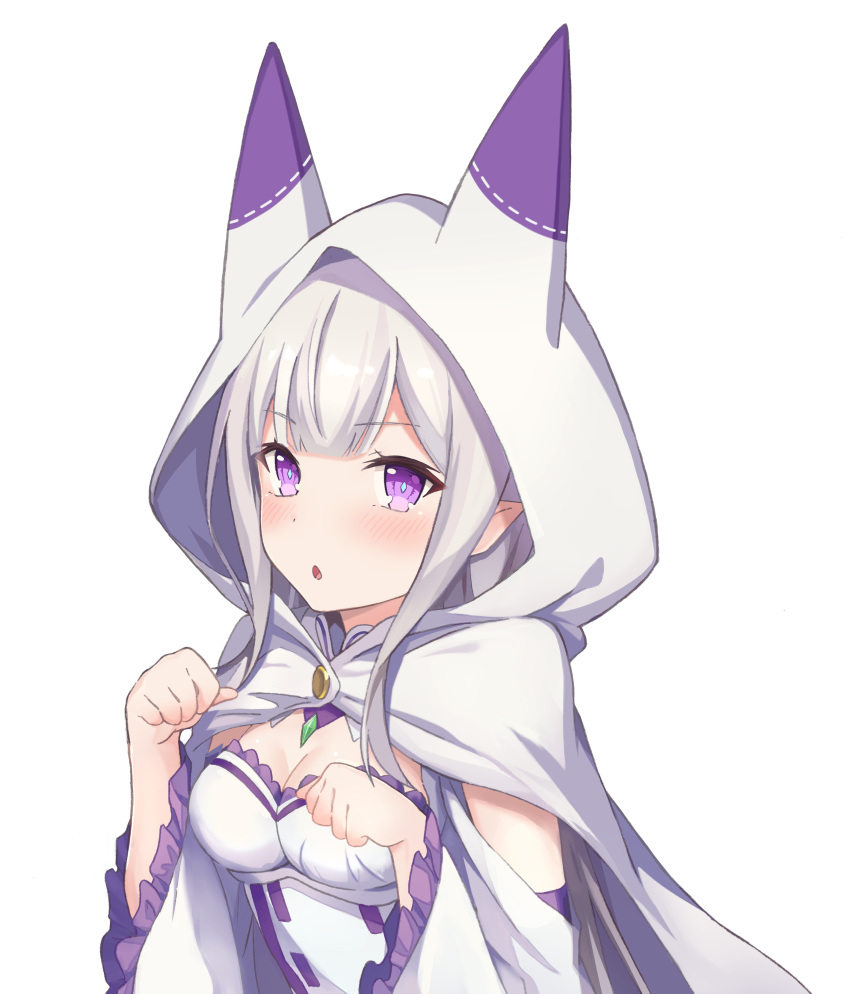 1girl absurdres animal_ears bangs breasts cape chestnut_mouth cleavage echiru39 emilia_(re:zero) fake_animal_ears frilled_sleeves frills highres hood hood_up hooded long_sleeves medium_breasts pointy_ears purple_eyes re:zero_kara_hajimeru_isekai_seikatsu simple_background solo upper_body white_background white_cape white_sleeves