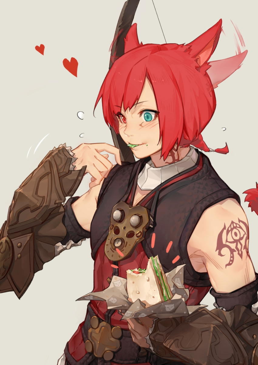 1boy animal_ears arm_tattoo armor belt blue_eyes blush bow_(weapon) closed_fan crow0cc crystal_exarch ear_wiggle eating eyebrows_visible_through_hair eyes_visible_through_hair fan final_fantasy final_fantasy_xiv flying_sweatdrops folding_fan food food_on_face g'raha_tia grey_background heart heterochromia highres holding holding_food male_focus miqo'te neck_tattoo ponytail red_eyes red_hair sandwich simple_background smile solo sweatdrop tattoo vambraces weapon weapon_on_back
