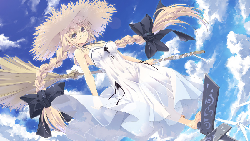 1girl bangs bare_shoulders barefoot black_bow blonde_hair bow braid choker day dress eyebrows_visible_through_hair glasses hair_bow hat highres long_hair looking_at_viewer original outdoors purple_eyes satomi solo standing standing_on_one_leg sun_hat twin_braids twintails white_dress wind_turbine windmill