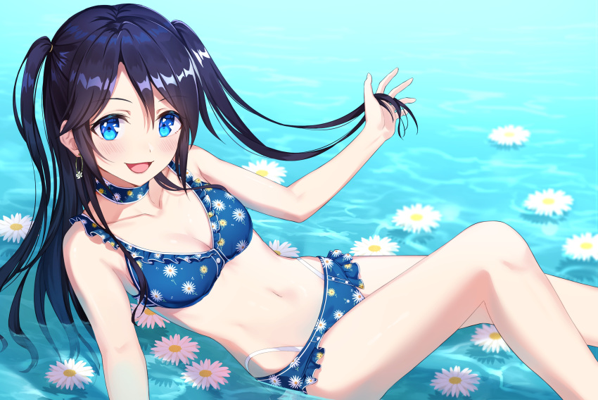 1girl :d bangs bare_arms bare_legs bare_shoulders bikini black_hair blue_bikini blue_choker blue_eyes blue_swimsuit blush breasts choker cleavage collarbone earrings eyebrows_visible_through_hair feet_out_of_frame fingers floral_print flower frilled_bikini frilled_swimsuit frills hachinatsu hair_between_eyes hands_in_hair highleg highleg_swimsuit highres hoop_earrings idolmaster idolmaster_shiny_colors jewelry long_hair looking_at_viewer lying medium_breasts mitsumine_yuika navel on_ass open_mouth partially_submerged playing_with_own_hair sitting smile solo stomach summer swimsuit two_side_up v-shaped_eyebrows water