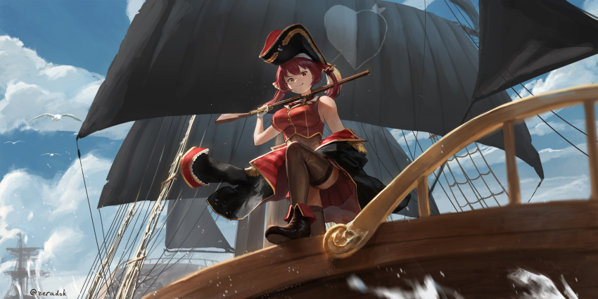 1girl ascot bare_shoulders bicorne bird black_legwear blue_sky boots breasts closed_mouth cloud day english_commentary fleet hat heterochromia highres hololive houshou_marine jacket large_breasts leg_up looking_at_viewer mast medium_hair off_shoulder outdoors pirate_hat red_eyes red_hair red_neckwear sail sailing seagull ship sky smile solo standing sunlight thighhighs twintails twitter_username virtual_youtuber watercraft yellow_eyes zeradok