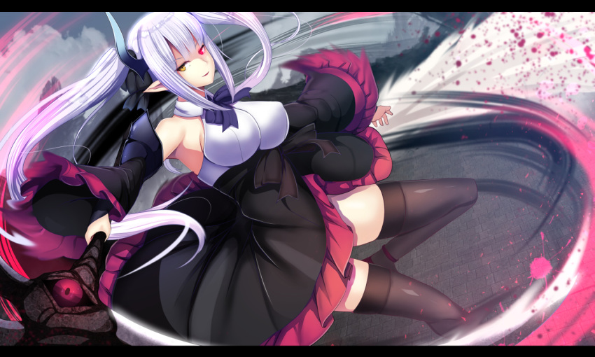 1girl bangs black_legwear blurry blurry_background breasts daiaru detached_sleeves dress dutch_angle eyebrows_visible_through_hair frilled_dress frills glowing glowing_eye heterochromia holding holding_staff horns large_breasts letterboxed long_hair looking_at_viewer motion_blur original pointy_ears purple_hair solo staff thighhighs