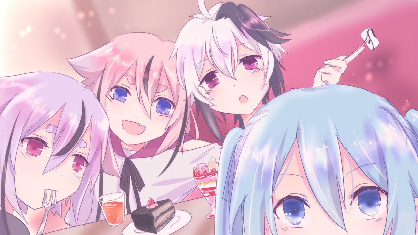 2girls 2others blue_eyes blue_hair cake collar drink food fork fork_in_mouth gynoid_talk hatsune_miku highres holding holding_fork kisalaundry long_hair looking_at_viewer meika_hime meika_mikoto multicolored_hair multiple_girls multiple_others parfait pink_eyes pink_hair purple_eyes purple_hair red_collar sailor_collar shirt short_hair sitting streaked_hair twintails upper_body v_flower_(gynoid_talk) vocaloid white_hair white_shirt