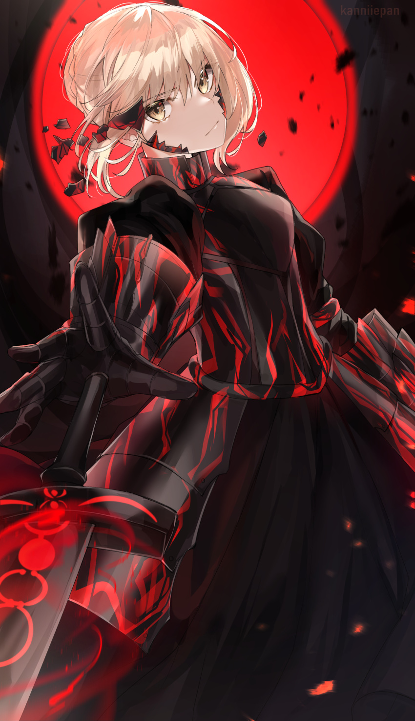 1girl absurdres armor armored_dress artist_name artoria_pendragon_(all) blonde_hair breastplate excalibur_morgan eyebrows_visible_through_hair fate/stay_night fate_(series) gauntlets hair_between_eyes hair_bun highres kanniepan saber_alter solo swot watermark yellow_eyes