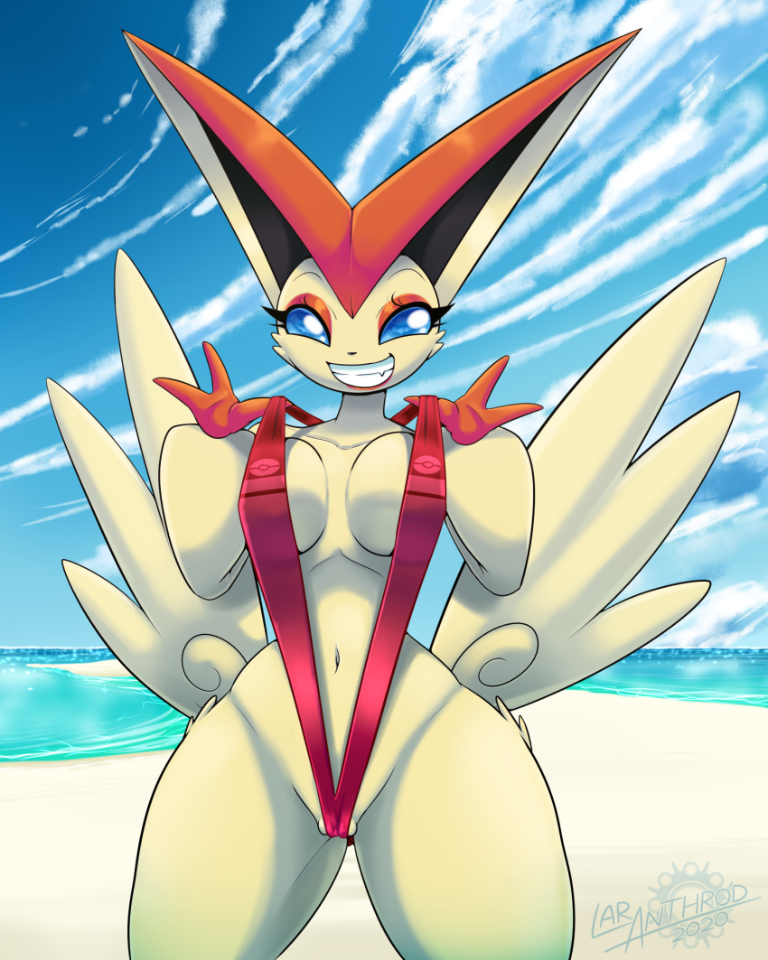 4:5 anthro beach blue_eyes breasts clothed clothing cloud curvaceous curvy_figure detailed_background female g-string hi_res latiar legendary_pok&eacute;mon looking_at_viewer nintendo open_mouth outside pok&eacute;mon pok&eacute;mon_(species) seaside solo suggestive swimwear underwear victini video_games voluptuous water wide_hips wings