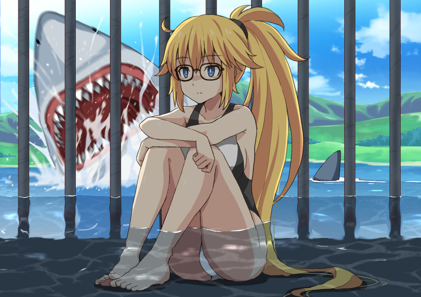 1girl absurdres bare_shoulders barefoot blonde_hair blue_eyes breasts cage collarbone commentary_request eyebrows_visible_through_hair fate/grand_order fate_(series) glasses hair_between_eyes highres jeanne_d'arc_(fate)_(all) jeanne_d'arc_(swimsuit_archer) kono_subarashii_sekai_ni_shukufuku_wo! large_breasts one-piece_swimsuit parody partially_submerged ponytail shark sideboob sitting sleeveless solo swimsuit water xiafuizui