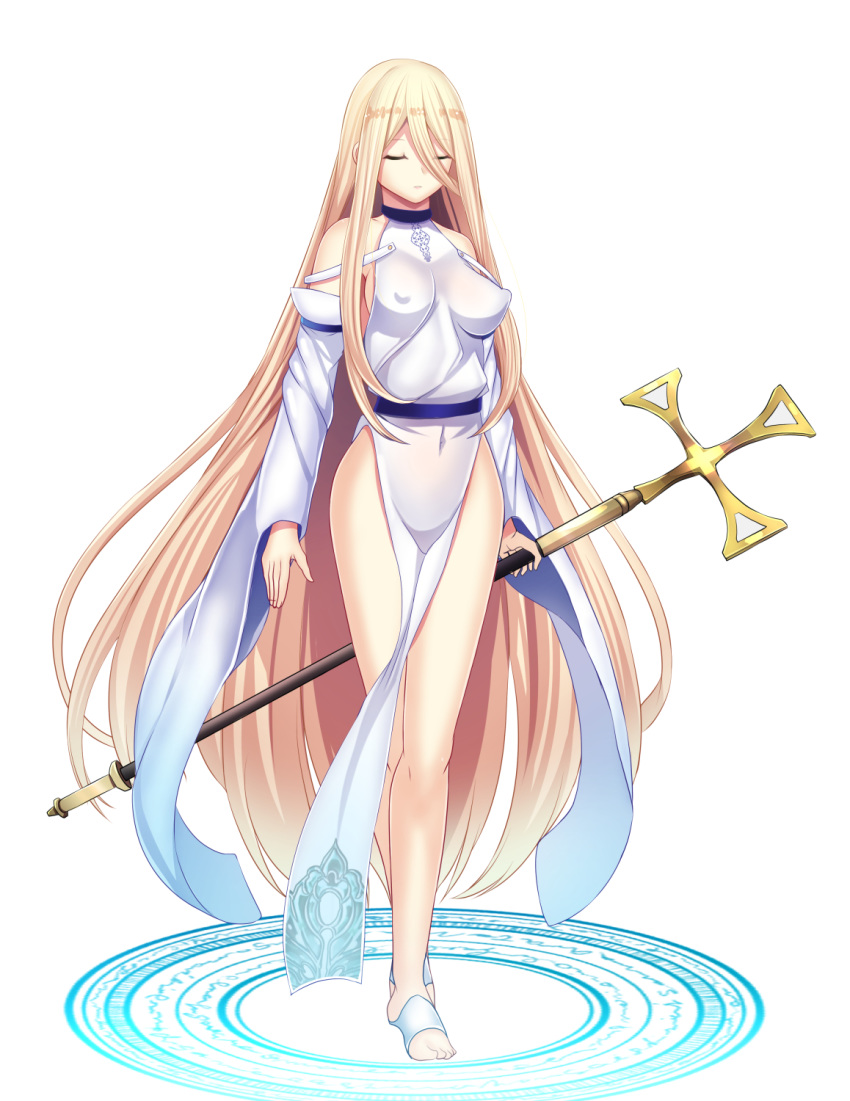 1girl bare_shoulders blonde_hair breasts closed_eyes covered_navel covered_nipples daiaru detached_sleeves full_body hair_between_eyes highres holding holding_staff impossible_clothes long_hair medium_breasts original pelvic_curtain solo staff standing very_long_hair white_background