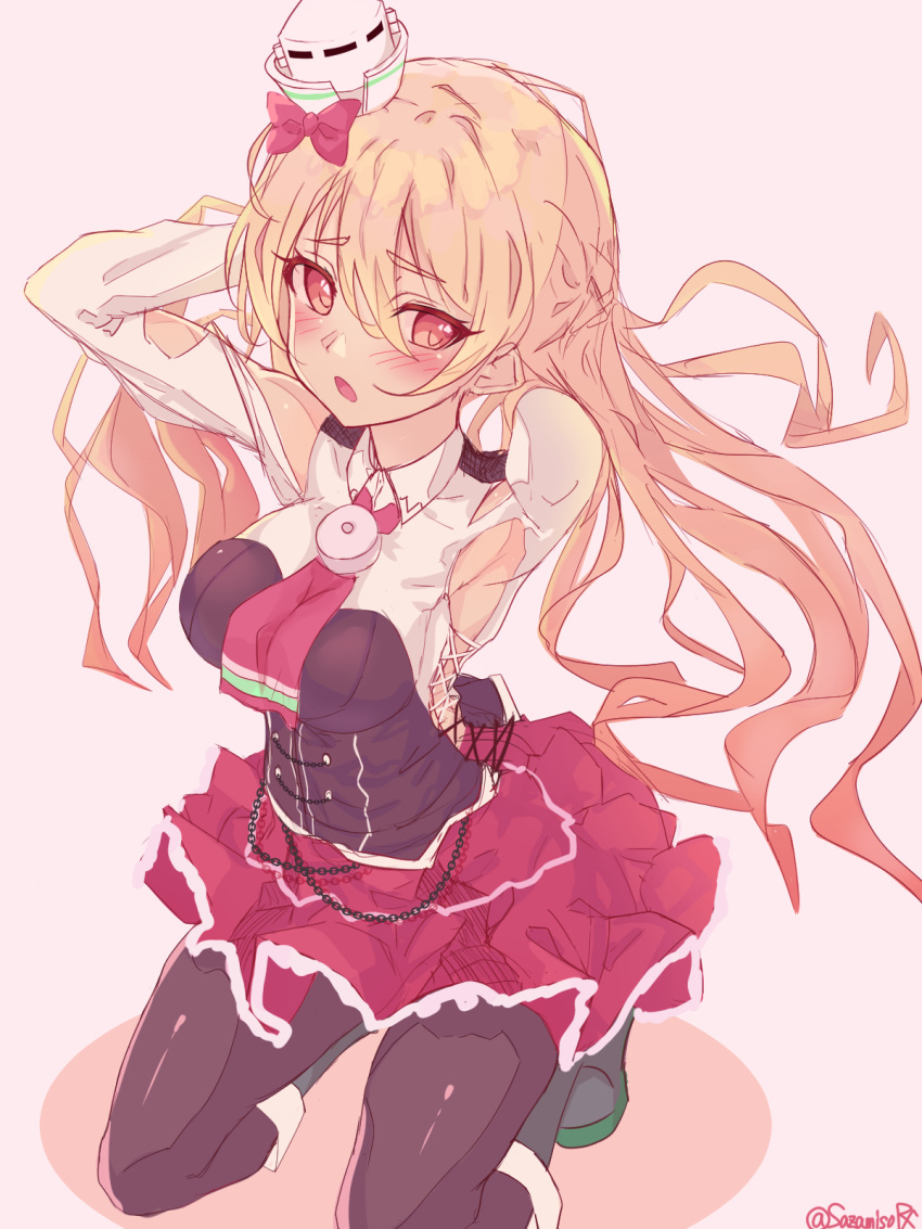 1girl armpit_cutout armpits bangs black_legwear blonde_hair blush boots breasts corset eyebrows_visible_through_hair frilled_skirt frills hair_between_eyes hands_in_hair hat highres kantai_collection kneeling large_breasts long_hair long_sleeves open_mouth pantyhose pink_background red_skirt sazamiso_rx simple_background skirt solo twitter_username zara_(kantai_collection)