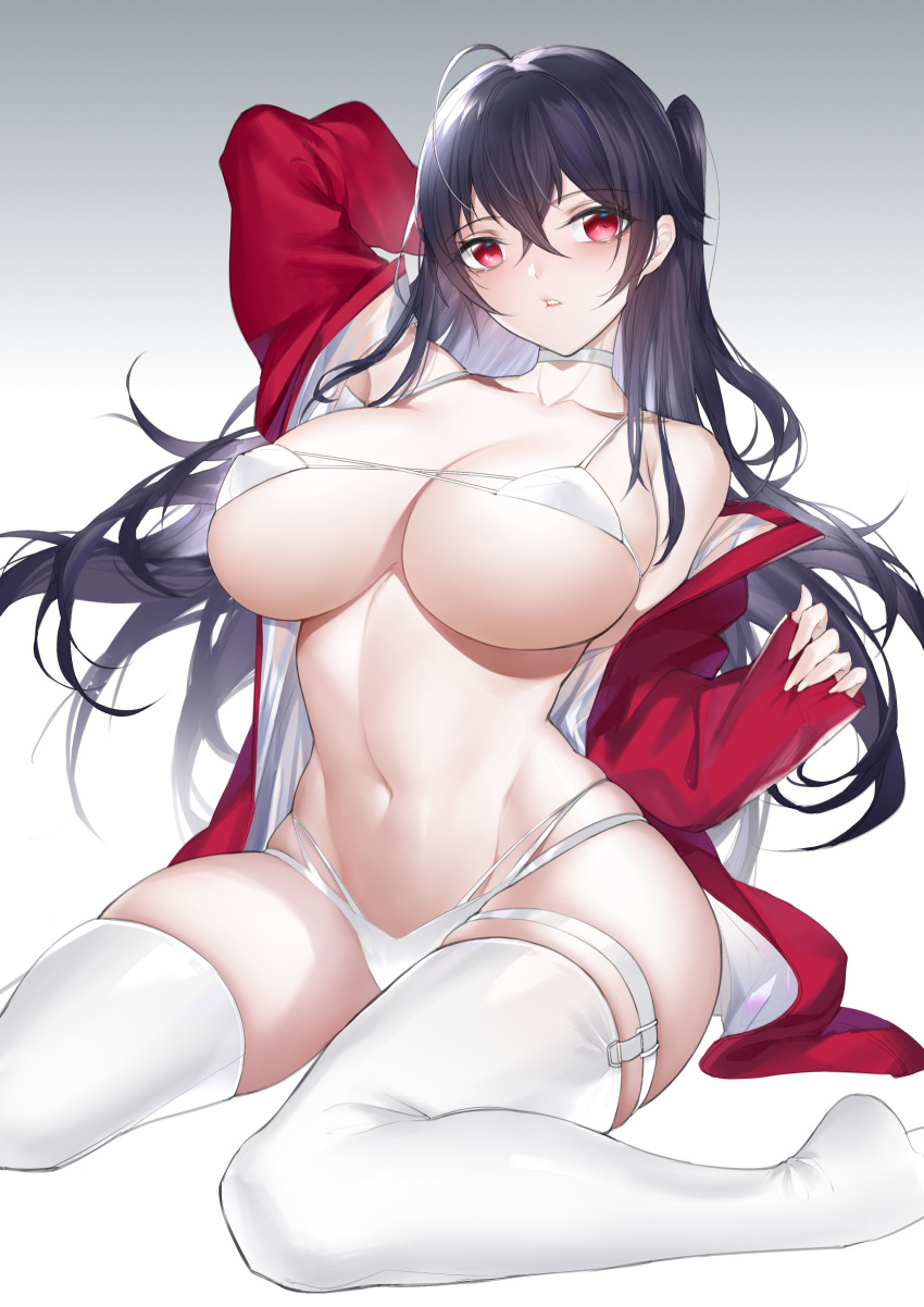 1girl absurdres alternate_color azur_lane bikini black_hair breasts choker collarbone garter_straps highres horz jacket large_breasts long_hair looking_at_viewer navel red_eyes red_jacket sitting solo swimsuit taihou_(azur_lane) taihou_(enraptured_companion)_(azur_lane) thighhighs twintails white_bikini white_choker white_legwear