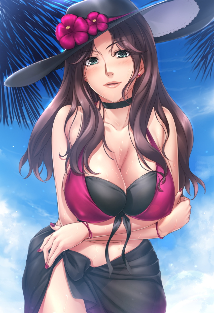 1girl blue_sky breasts brown_hair cleavage cloud day dorothea_arnault earrings fire_emblem fire_emblem:_three_houses fire_emblem_heroes flower green_eyes hat hat_flower highres jewelry kobapyon large_breasts long_hair nail_polish sky solo swimsuit