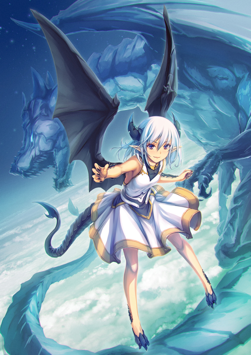 1girl bangs bare_arms black_nails breasts claw_pose cloud commentary_request dragon dragon_girl dragon_horns dragon_tail dragon_wings dress eyebrows_visible_through_hair fang floating hair_between_eyes highres horns looking_at_viewer medium_hair original pointy_ears purple_eyes scales sidelocks silver_hair sleeveless sleeveless_dress small_breasts tail tenmaso white_dress wings