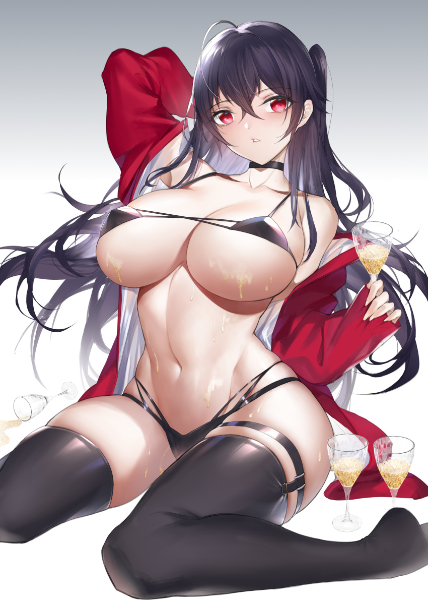1girl absurdres alcohol azur_lane bikini black_bikini black_choker black_hair black_legwear breasts champagne champagne_flute choker collarbone cup drinking_glass garter_straps highres horz jacket large_breasts long_hair looking_at_viewer navel red_eyes red_jacket sitting solo swimsuit taihou_(azur_lane) taihou_(enraptured_companion)_(azur_lane) thighhighs twintails