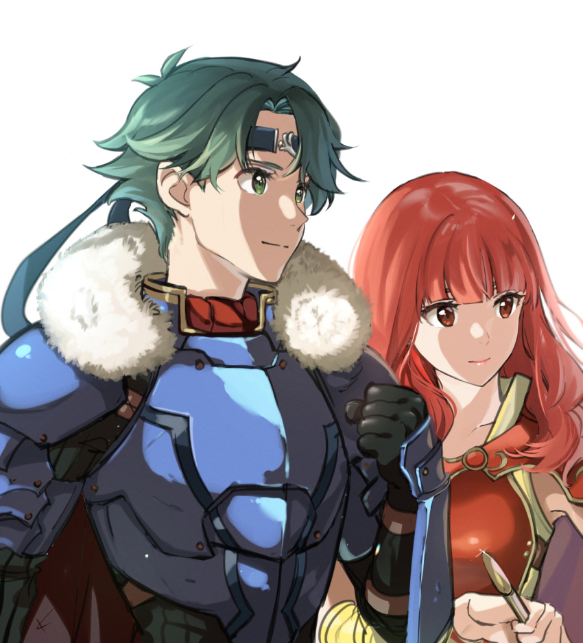 1boy 1girl alm_(fire_emblem) armor cape celica_(fire_emblem) closed_mouth fire_emblem fire_emblem_echoes:_shadows_of_valentia fire_emblem_heroes fur_trim green_eyes green_hair highres holding long_hair misu_kasumi red_eyes red_hair short_hair simple_background upper_body white_background