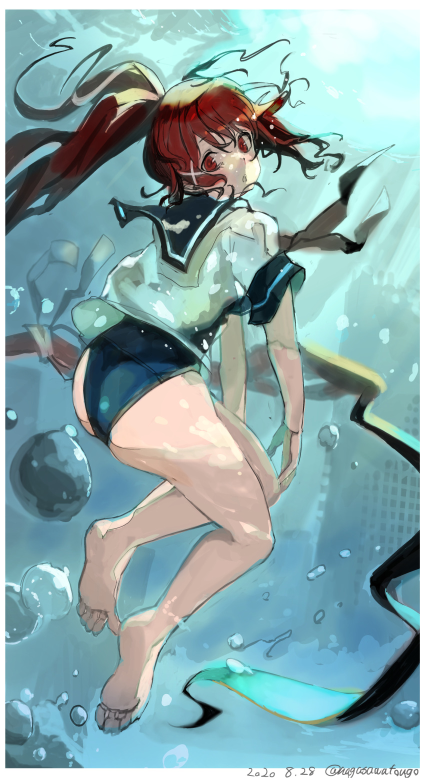 1girl absurdres bangs barefoot blue_swimsuit border bubble dated hair_ornament highres i-168_(kantai_collection) kantai_collection long_hair nagasawa_tougo neckerchief open_mouth ponytail red_eyes red_hair sailor_collar school_swimsuit short_sleeves soles solo swimsuit swimsuit_under_clothes twitter_username underwater very_long_hair water white_border x_hair_ornament