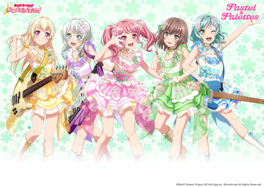 bang_dream! guitar heels hikawa_hina maruyama_aya see_through shirasagi_chisato skirt_lift tagme wakamiya_eve yamato_maya