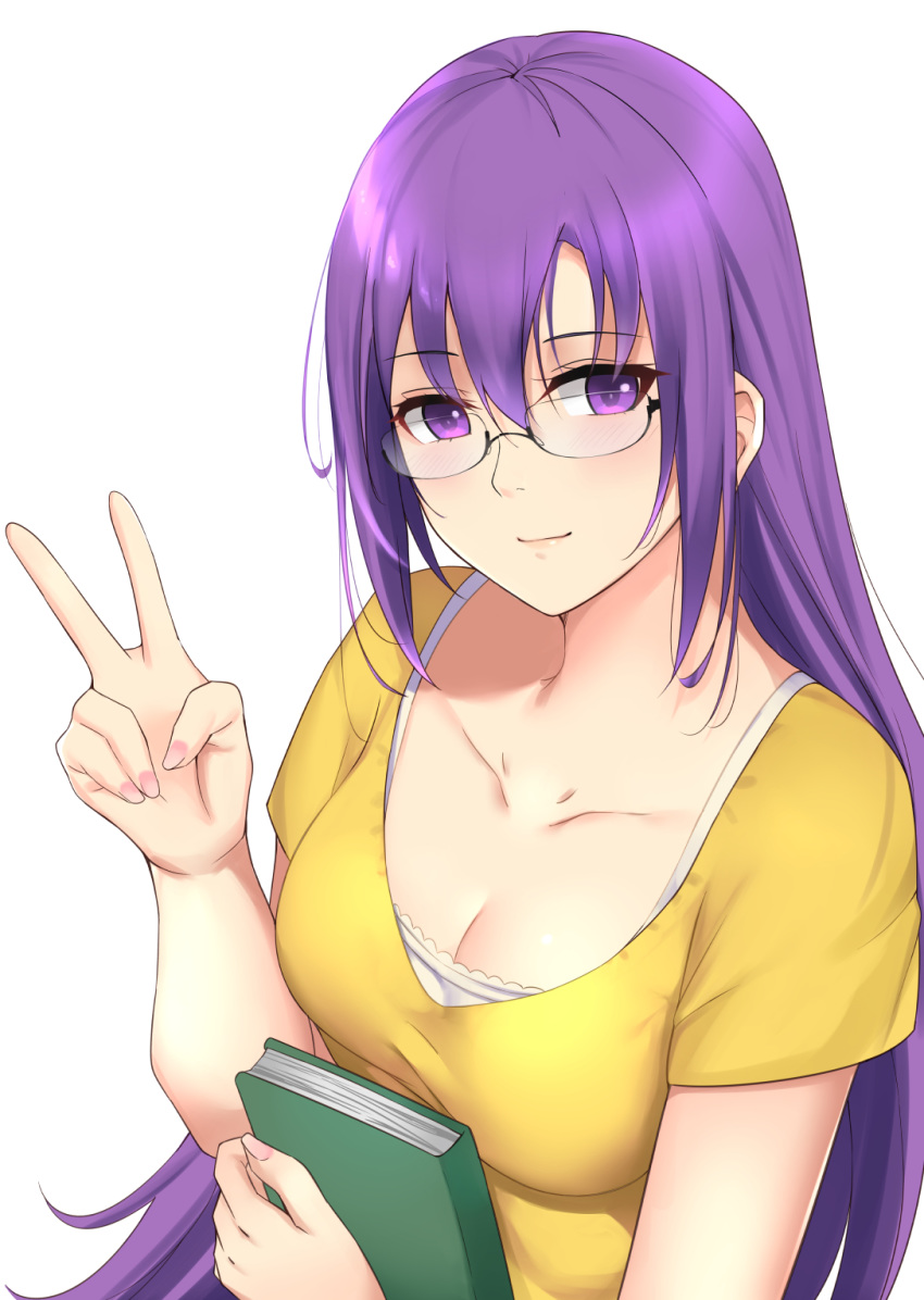 1girl blush book breasts closed_eyes gj-bu highres holding holding_book kauru00 lips long_hair looking_at_viewer medium_breasts purple_eyes purple_hair simple_background smile solo sumeragi_shion upper_body v white_background