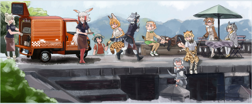 6+girls :d :o absurdres alpaca_ears alpaca_suri_(kemono_friends) alpaca_tail alternate_costume american_beaver_(kemono_friends) animal_ears animal_print apron arm_rest beaver_ears beaver_tail bike_shorts bike_shorts_under_shorts bird_tail bird_wings black-tailed_prairie_dog_(kemono_friends) black_hair blonde_hair bow bowtie brown_coat brown_hair chair closed_eyes closed_mouth coat common_raccoon_(kemono_friends) contemporary cup day elbow_gloves eurasian_eagle_owl_(kemono_friends) extra_ears fang fishing fishing_line fishing_rod flipped_hair flying_sweatdrops fur_collar gloves grey_coat grey_hair ground_vehicle hair_between_eyes hair_bun hand_on_own_cheek head_rest head_wings helmet high-waist_skirt highres holding holding_cup holding_fishing_rod holding_hands holding_tray jaguar_(kemono_friends) jaguar_ears jaguar_print jaguar_tail japanese_crested_ibis_(kemono_friends) jumping kaban_(kemono_friends) kemono_friends light_brown_hair long_hair long_sleeves looking_at_another lying medium_hair motor_vehicle multicolored_hair multiple_girls northern_white-faced_owl_(kemono_friends) on_side open_mouth otter_ears otter_tail outdoors owl_ears own_hands_together pantyhose pith_helmet prairie_dog_ears prairie_dog_tail print_bow print_gloves print_legwear print_skirt raccoon_ears raccoon_tail red_hair red_shirt running serval_(kemono_friends) serval_ears serval_print serval_tail shirt shoes short_hair short_sleeves shorts shorts_under_shorts sidelocks sitting skirt small-clawed_otter_(kemono_friends) smile standing sweater swimsuit table tail thighhighs toeless_legwear toriny tray umbrella vest waist_apron waitress white_hair wings yellow_eyes |3