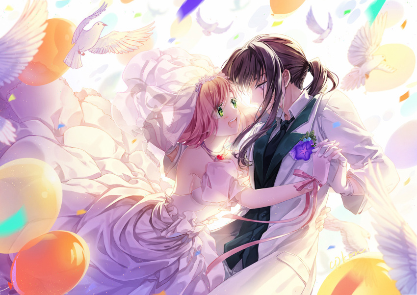 balloon bird black_hair bridal_veil cat_princess couple dove dress estellise_sidos_heurassein gloves green_eyes holding_hands jewelry lapel_flower looking_at_another necklace open_eyes pink_hair ponytail purple_eyes short_hair tales_of_(series) tales_of_vesperia veil wedding wedding_dress yuri_lowell