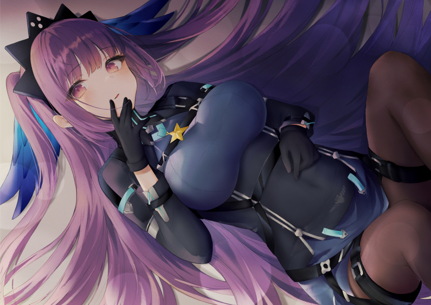 1girl absurdres ash_arms bangs black_gloves black_legwear blue_dress blue_hair breasts covered_navel dress eyebrows_visible_through_hair fusuma_(ramunezake) gloves gradient_hair hand_to_own_mouth head_wings headgear high_collar highres huge_filesize legs_up liberator_(ash_arms) long_hair long_sleeves looking_at_viewer lying medium_breasts microdress multicolored_hair on_back pantyhose parted_lips purple_eyes purple_hair solo star_(symbol) thigh_strap two_side_up zipper