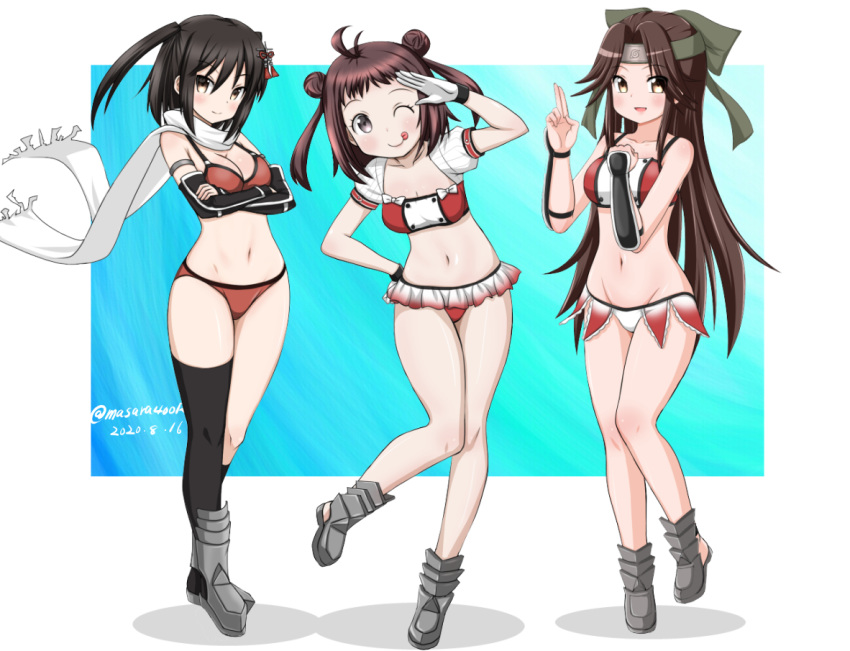 3girls adapted_costume antenna_hair bikini bikini_skirt black_gloves black_hair breasts brown_eyes brown_hair cleavage commentary_request dated double_bun elbow_gloves fingerless_gloves forehead_protector full_body gauntlets gloves hair_intakes half_updo headband jintsuu_(kantai_collection) kantai_collection leaning_forward long_hair looking_at_viewer masara_(chuujou) medium_breasts multiple_girls naka_(kantai_collection) red_bikini remodel_(kantai_collection) salute scarf sendai_(kantai_collection) standing swimsuit twitter_username two_side_up white_gloves white_scarf