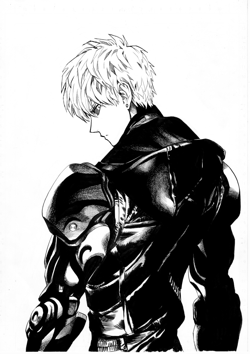 1boy absurdres black_sclera closed_mouth cyborg expressionless from_behind genos greyscale highres jacket joints looking_at_viewer looking_back male_focus monochrome murata_yuusuke official_art one-punch_man pen_(medium) robot_joints short_hair solo traditional_media upper_body