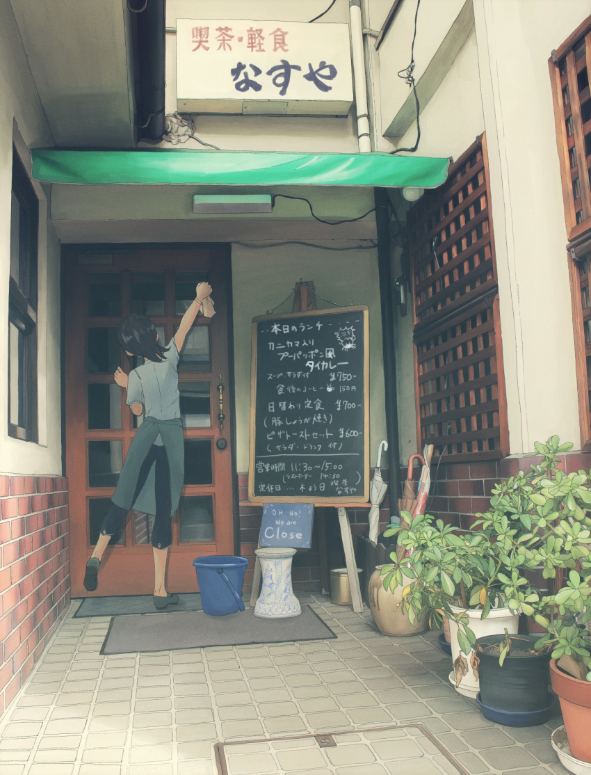 1girl apron awning black_hair bucket cafe capri_pants chalkboard chalkboard_sign cleaning_windows door from_behind highres menu_board original pants plant potted_plant power_lines scenery sign solo standing standing_on_one_leg storefront umbrella unagi189 waist_apron