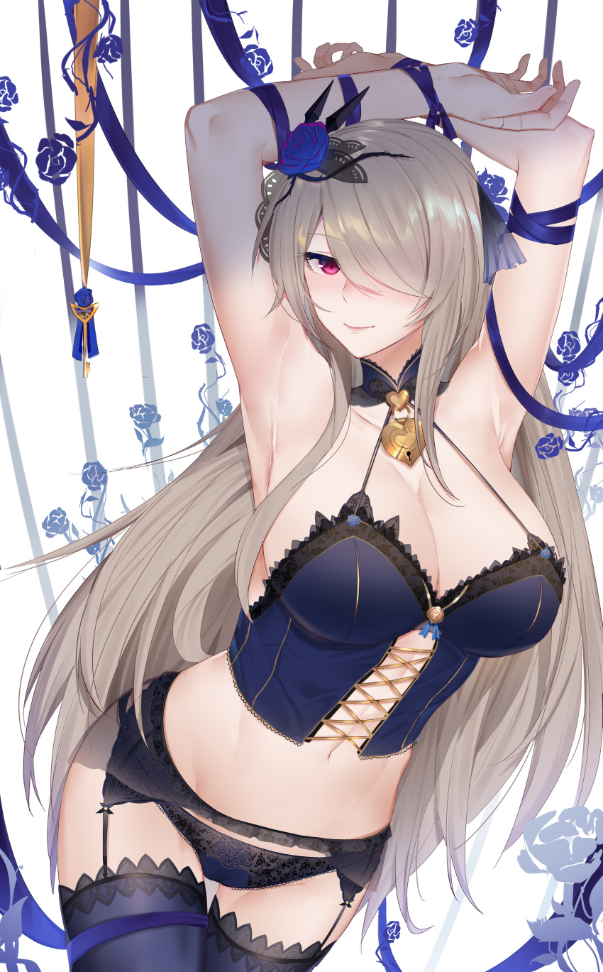 1girl 7t absurdres armpits arms_up black_legwear black_panties blue_flower blue_rose blush bound breasts camisole cleavage closed_mouth cowboy_shot flower garter_belt hair_flower hair_ornament hair_over_one_eye highres honkai_(series) honkai_impact_3rd large_breasts lock long_hair looking_at_viewer nose_blush padlock panties platinum_blonde_hair red_eyes ribbon ribbon_bondage rita_rossweisse rose smile solo thighhighs underwear very_long_hair