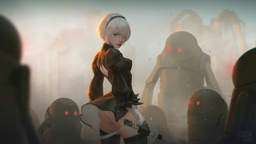1girl ass back_cutout black_dress black_gloves black_hairband black_legwear blue_eyes breasts dress feather-trimmed_sleeves furrowed_eyebrows gloves hair_over_one_eye hairband highres holding holding_sword holding_weapon juliet_sleeves katana lips long_sleeves lucia_hsiang machine_(nier) medium_breasts nier_(series) nier_automata no_blindfold nose panties pantyshot perky_breasts puffy_sleeves red_eyes robot short_dress short_hair side_slit silver_hair solo_focus surrounded sword thighhighs underwear vambraces virtuous_contract weapon wind wind_lift yorha_no._2_type_b