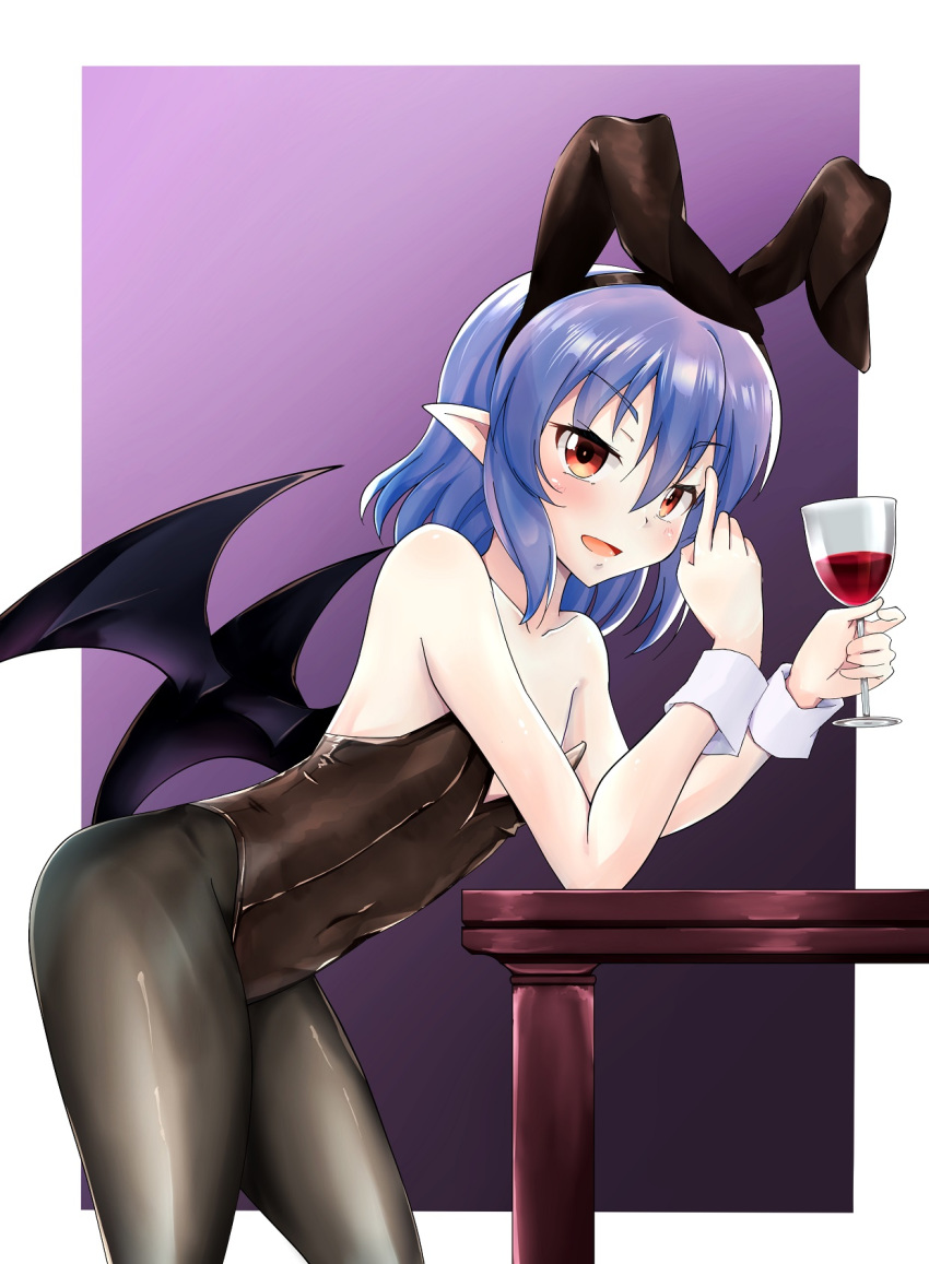 1girl alternate_costume animal_ears bare_arms bare_shoulders bat_wings bent_over black_legwear blue_hair blush brown_leotard bunny_ears commentary_request cropped_legs cup drinking_glass eyebrows_visible_through_hair feet_out_of_frame finger_to_face flat_chest from_side gradient gradient_background hair_between_eyes highres holding holding_cup leaning_on_table leotard looking_at_viewer masegohan open_mouth pantyhose pointy_ears purple_background red_eyes remilia_scarlet short_hair solo table touhou wine_glass wings wrist_cuffs