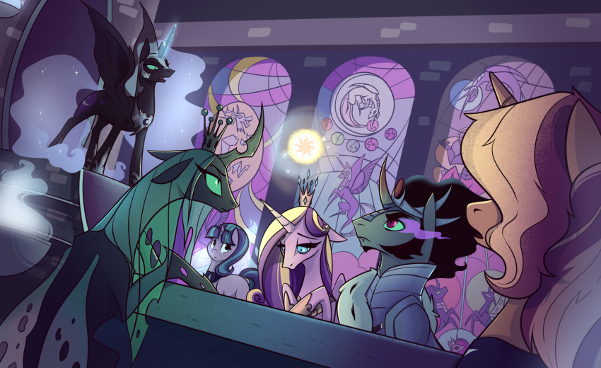 2020 28gooddays armor arthropod badday28 chair changeling equestria_girls equid equine ethereal_hair eye_mist female friendship_is_magic furniture green_eyes hasbro headgear helmet hi_res horn jewelry king_sombra_(mlp) male mammal my_little_pony necklace nightmare_moon_(mlp) princess_cadance_(idw) pseudo_hair queen_chrysalis_(mlp) semi-anthro stained_glass sunset_shimmer_(eg) throne unicorn winged_unicorn wings