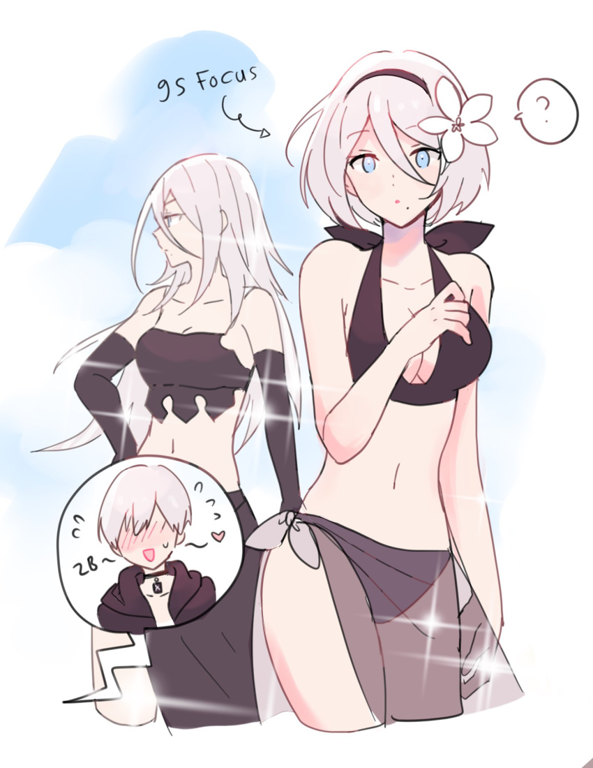 1boy 2girls ? android bikini black_hairband blush breasts dinikee flower_ornament grey_hair hairband highres looking_at_viewer medium_breasts mole mole_under_mouth multiple_girls navel nier_(series) nier_automata no_blindfold nose_blush sarong short_hair shy silver_hair spoken_question_mark stomach surprised swimsuit white_hair yorha_no._2_type_b yorha_no._9_type_s yorha_type_a_no._2