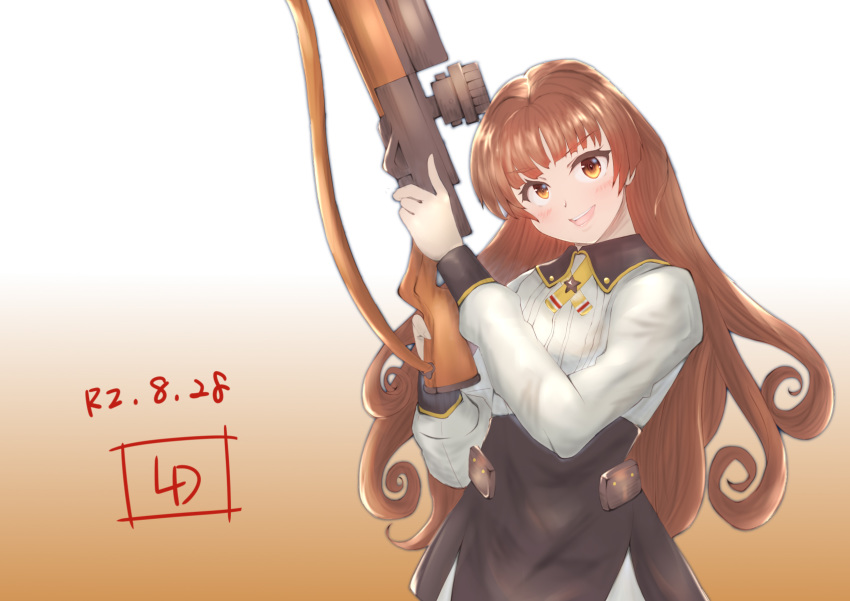 1girl artist_logo bangs black_skirt blunt_bangs brown_hair browning_auto_5 commentary_request cowboy_shot dated gradient gradient_background green_eyes gun helena_(kantai_collection) highres kantai_collection ld long_hair military military_uniform neck_ribbon orange_background remodel_(kantai_collection) ribbon rifle skirt solo uniform weapon