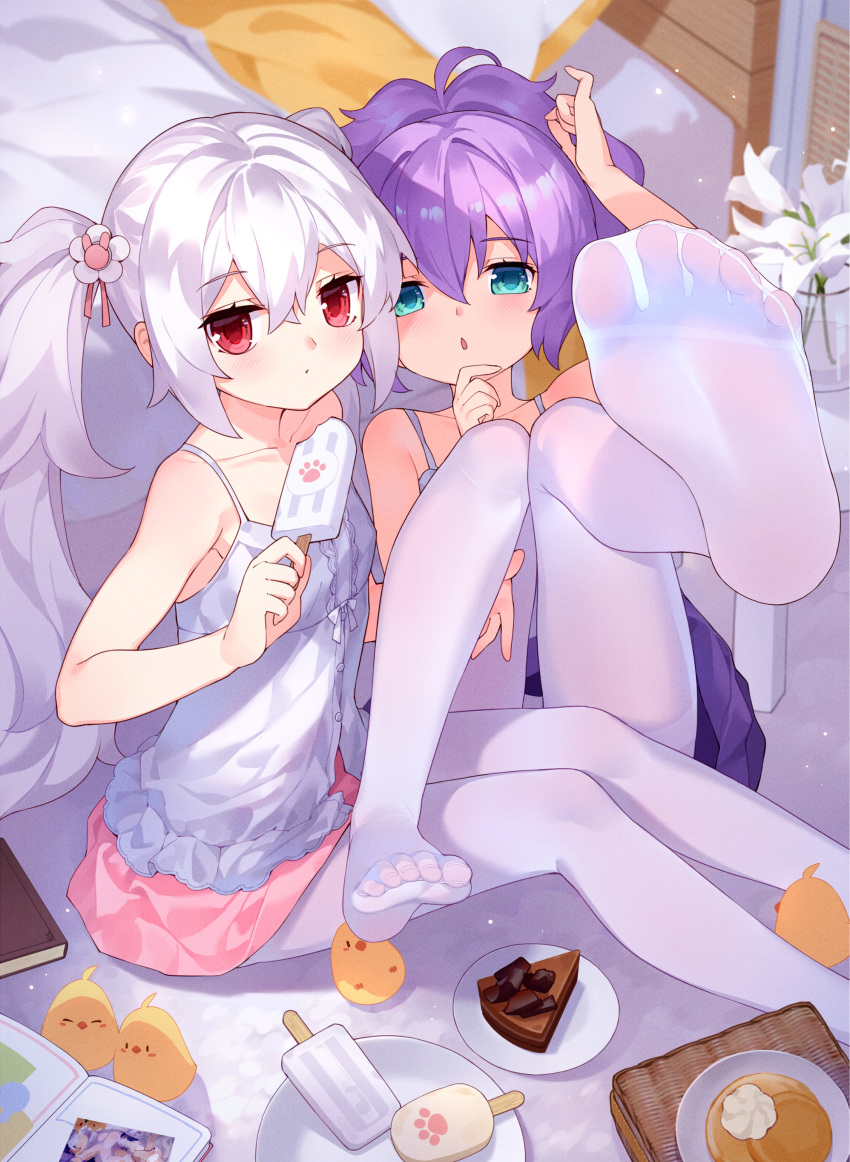 2girls absurdres aqua_eyes azur_lane bare_arms bare_shoulders bed breasts cake cake_slice camisole commentary_request feet flower food highres ice_cream indoors javelin_(azur_lane) laffey_(azur_lane) long_hair looking_at_viewer manjuu_(azur_lane) miniskirt multiple_girls no_shoes on_floor pantyhose pillow pink_skirt purple_hair purple_skirt red_eyes see-through short_hair silver_hair sitting skirt small_breasts soles thighband_pantyhose tsubasa_tsubasa twintails white_camisole white_legwear