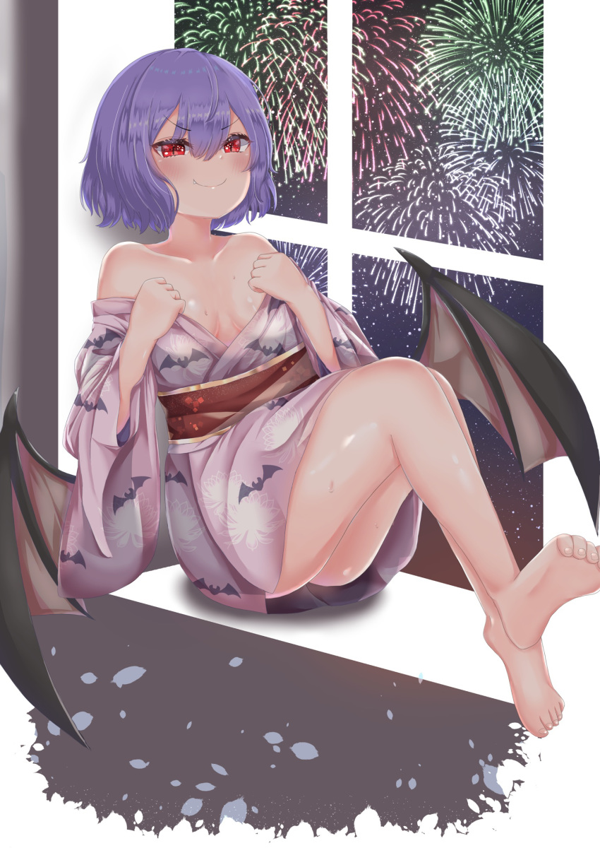 1girl aerial_fireworks alternate_costume animal_print bare_shoulders bat_print bat_wings blush breasts cleavage clothes_pull collarbone commentary_request eyebrows_visible_through_hair fang fang_out fireworks floral_print hair_between_eyes highres japanese_clothes kimono knees_up lavender_kimono leg_lift looking_at_viewer no_headwear obi off-shoulder_kimono purple_hair red_eyes remilia_scarlet remitei03 sash short_hair sitting slit_pupils small_breasts smile smug solo toe_scrunch touhou undressing window windowsill wings yukata