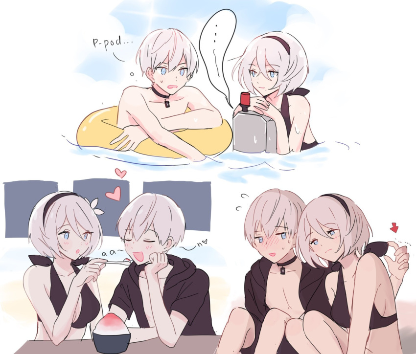 1boy 1girl android bikini black_hairband blush couple dinikee feeding hairband highres innertube mole nier_(series) nier_automata no_blindfold pod_(nier_automata) shaved_ice shy swimming swimsuit white_hair yorha_no._2_type_b yorha_no._9_type_s