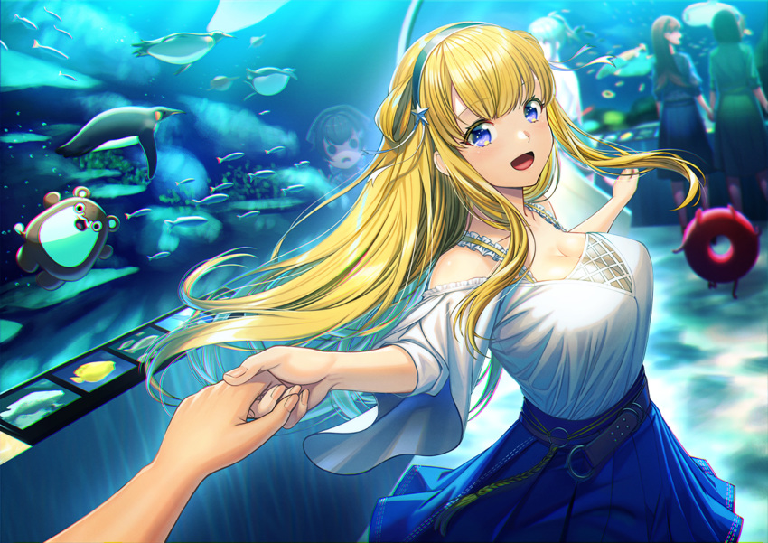 aquarium aquarium_tunnel bangs bird blonde_hair blue_eyes blush bokukawauso breasts casual commentary_request double_bun enemy_lifebuoy_(kantai_collection) fish fletcher_(kantai_collection) hair_ornament hairband holding_hands jingei_(kantai_collection) kantai_collection large_breasts long_hair looking_at_viewer multiple_girls open_mouth penguin school_uniform serafuku shirt skirt smile star_(symbol) star_hair_ornament unowen white_shirt