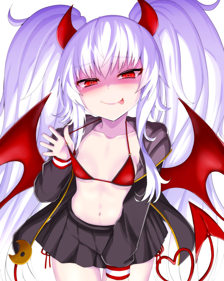 1girl :p bangs bikini bikini_under_clothes black_jacket black_skirt breasts closed_mouth collarbone cowboy_shot curled_horns demon_girl demon_horns demon_tail evo_grim eyebrows_visible_through_hair grim_aloe hair_between_eyes hand_up heart heart-shaped_pupils highres hood hood_down hooded_jacket horns jacket lifted_by_self long_hair long_sleeves looking_at_viewer navel o-ring o-ring_bikini o-ring_top open_clothes open_jacket pale_skin pleated_skirt quiz_magic_academy quiz_magic_academy_the_world_evolve red_bikini red_eyes red_wings shaded_face sidelocks silver_hair simple_background skirt sleeves_past_wrists small_breasts smile solo standing strap_lift swimsuit symbol-shaped_pupils tail tongue tongue_out very_long_hair watarui white_background white_hair wings