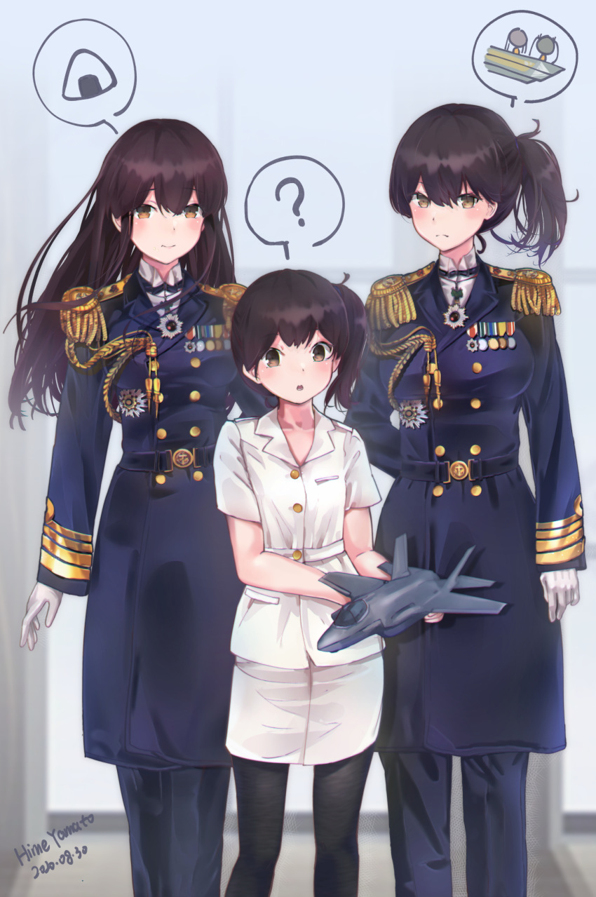 3girls aiguillette akagi_(kantai_collection) brown_eyes brown_hair f-35_lightning_ii food gloves highres himeyamato kaga_(jmsdf) kaga_(kantai_collection) kantai_collection long_hair military military_uniform multiple_girls naval_uniform onigiri pants pantyhose side_ponytail straight_hair thought_bubble uniform white_uniform