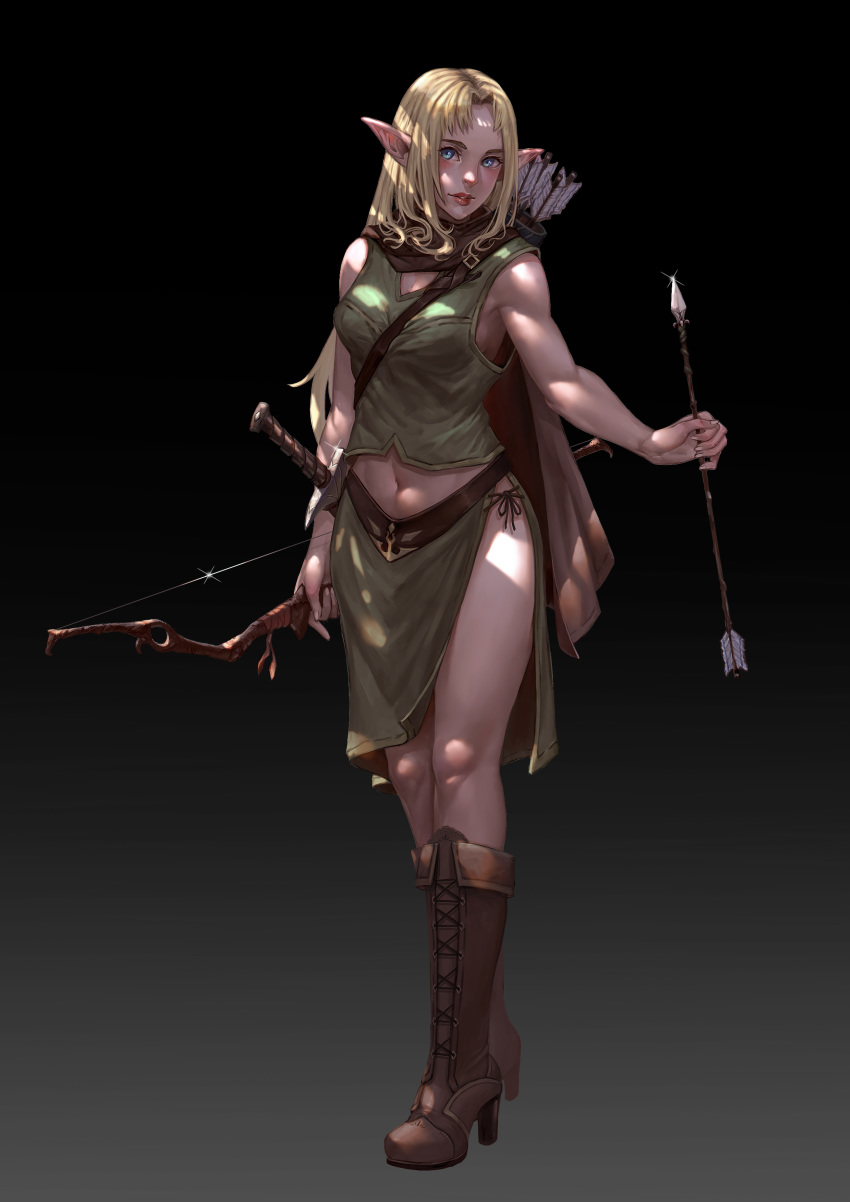 1girl absurdres arrow_(projectile) black_background blonde_hair blue_eyes boots bow_(weapon) breasts brown_cape brown_footwear cape cross-laced_footwear elf full_body glint gradient gradient_background green_shirt highres holding holding_bow_(weapon) holding_weapon knee_boots lipstick long_hair looking_at_viewer makeup navel original pointy_ears quiver sheath sheathed shirt simple_background sleeveless solo standing sword thighhighs very_long_hair weapon xue_qi_ye_(dndtmbdue)