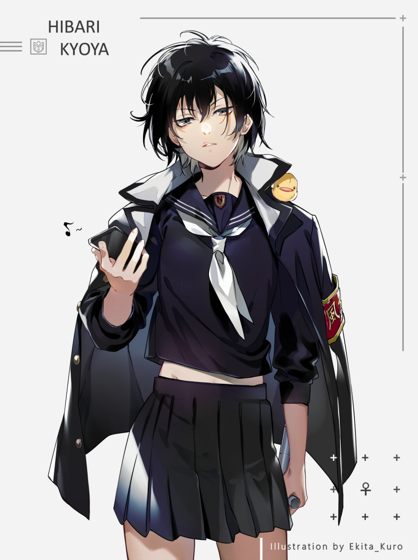 1girl animal_on_shoulder artist_name bangs bird bird_on_shoulder black_hair black_jacket black_shirt black_skirt breasts buttons character_name collar collared_jacket ekita_xuan genderswap genderswap_(mtf) grey_background hibari_kyouya hibird highres holding holding_phone holding_weapon jacket jacket_on_shoulders katekyo_hitman_reborn! long_sleeves looking_at_viewer musical_note open_clothes open_jacket parted_lips phone pleated_skirt sailor_collar school_uniform shirt short_hair simple_background skirt small_breasts solo standing tonfa weapon white_neckwear