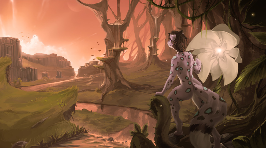 2020 ambiguous_gender anthro day detailed_background digital_media_(artwork) felid feline female forest fruitbloodmilkshake grass hi_res mammal nude outside sky smile solo tree