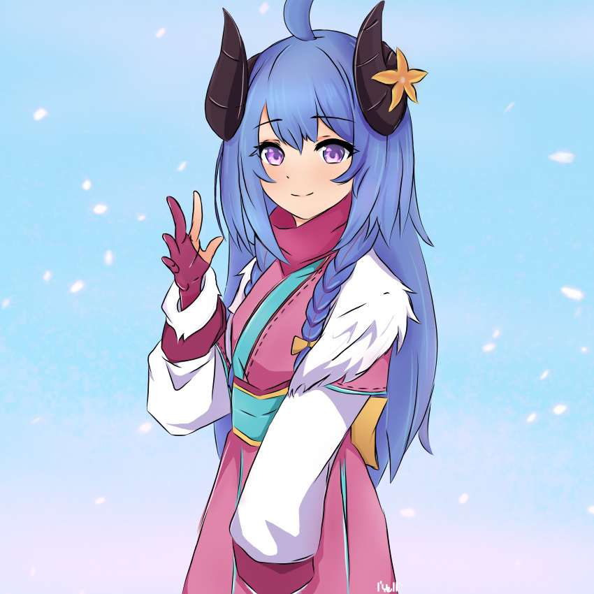 1girl absurdres ahoge alternate_costume alternate_eye_color alternate_hair_color alternate_hairstyle blue_hair curled_horns fingerless_gloves flower fur gloves hair_between_eyes hair_flower hair_ornament highres horns japanese_clothes kindred lamb_(league_of_legends) league_of_legends long_hair looking_at_viewer partly_fingerless_gloves purple_eyes ribbon simple_background smile spirit_blossom_kindred twintails user_cejc2328 waving_arms white_fur