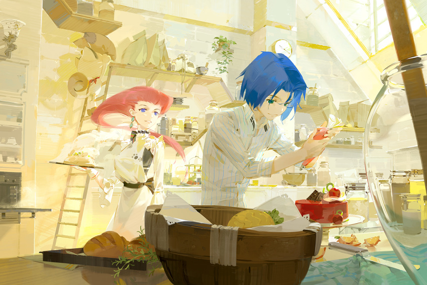 1boy 1girl a-shacho apron bag bangs blue_eyes blue_hair bread clock collared_shirt commentary_request cooking earrings food fruit gen_1_pokemon gloves green_eyes holding holding_tray indoors jewelry kojirou_(pokemon) ladder long_hair looking_at_another meowth musashi_(pokemon) plant pokemon pokemon_(anime) pokemon_(creature) red_hair shelf shirt striped striped_shirt team_rocket tray vertical-striped_shirt vertical_stripes